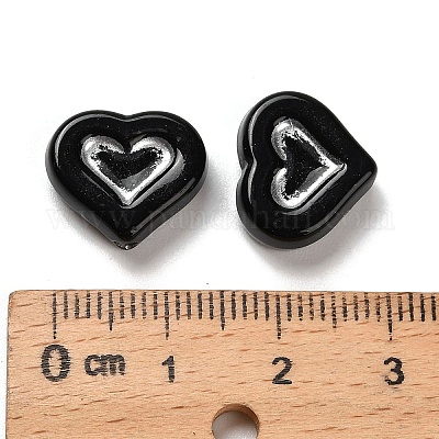 不透明なアクリルビーズ シルバーライン入り ハート ブラック 12.5x14
