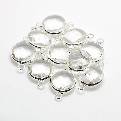 銀色メッキ真鍮ガラスリンクコネクター  フラットラウンド  ミックスカラー  16x11x5mm  穴：2mm&nbsp;GLAA-J011B-S-1