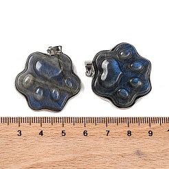 天然ラブラドライト彫刻ペンダント  足跡チャーム、プラチナメッキラックメッキ真鍮スナップオンベイル  31x31x10mm  穴：5x4mm&nbsp;G-B085-12P