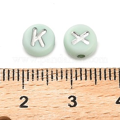 不透明なアクリルビーズ  アルファベット付きフラットラウンド  アクアマリン  7x4mm  穴：1.6mm  約3846個/500g&nbsp;OACR-H046-02B