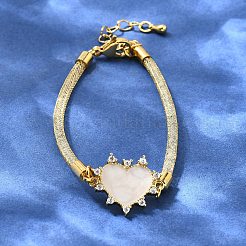 女性用真鍮マイクロパヴェクリアキュービックジルコニアリンクブレスレット  ハート  18KGP本金メッキ  7インチ（17.8cm）&nbsp;BJEW-A029-01C-G