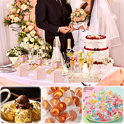 ポリエステルリボン付きウェディングペーパーキャンディギフト包装箱  結婚式用の折りたたみ収納ボックス  長方形  ピンク  4.9x4.9x12cm&nbsp;CON-WH0105-07
