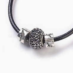 牛革レザーコードのアクセサリーセット  ネックレス＆ブレスレット  樹脂ラインストーンのヨーロッパビーズと合金ヨーロッパスタイルの留め金  ロンデル  ヘマタイト  195x3mm  18.11インチ〜18.5インチ（46~47cm）&nbsp;SJEW-JS00989-03