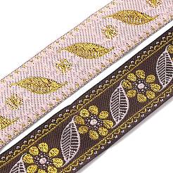 エスニック風刺繍ポリエステルリボン  ジャカードリボン  服飾材料  花と葉の模様  ゴールド  1-1/4インチ（32mm）  約7.66ヤード（7m）/ロール&nbsp;OCOR-WH0077-30B