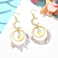 Brass Moon & Rings Dangle Earrings&nbsp;EJEW-TA00393