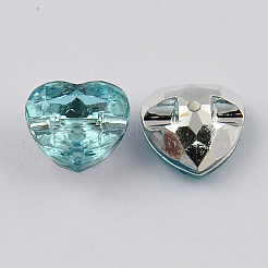 1つ穴台湾アクリルラインストーンハートボタン  ファセット＆シルバーメッキ  淡いターコイズ  25x25x10mm  穴：1.5mm&nbsp;BUTT-F017-25mm-23