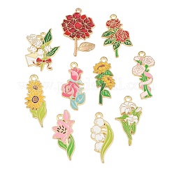 10個10スタイルアロイエナメルペンダント  花の形のチャーム  ゴールドカラー  ミックスカラー  29~33x12~22x1.5mm  穴：2mm  1個/スタイル&nbsp;ENAM-L054-01G
