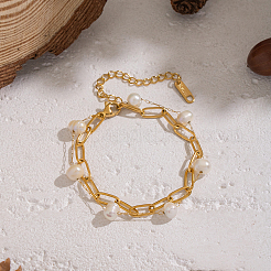 304 Stainless Steel Paperclip Chain & Natural Freshwater Pearl Potato Beads Link Bracelets&nbsp;HP1168