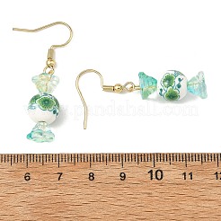 プリント柄の磁器とガラス製のぶら下がりピアス  キャンディ  女性用304ステンレススチールダングルイヤリング  18KGP本金メッキ  ミックスカラー  40x10.5mm&nbsp;EJEW-JE07486