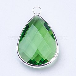 シルバーカラーメッキ真鍮ガラスティアドロップペンダント  多面カット  ライム  18x10x5mm  穴：2mm&nbsp;X-GLAA-M006-A-10S