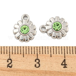 304ステンレスペンダント  ラインストーン付き  花のチャーム  14KGP本金メッキ  ペリドット  11x9x3mm  穴：1.5mm&nbsp;STAS-L080-003P-03