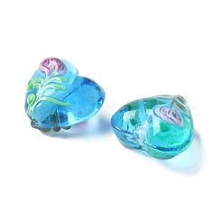手作りの透明ランプワークビーズ  花とハート  ディープスカイブルー  14.5~15x15~15.5x9~10mm  穴：2mm&nbsp;BLOW-D300-07I