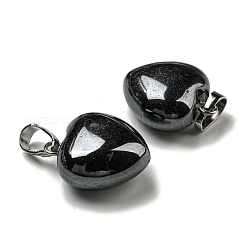 天然な黒の石のペンダント  プラチナトーンの真鍮パーツ  ふわふわハートチャーム  18x15~15.5x6~8mm  穴：6x3mm&nbsp;G-I311-A19-P