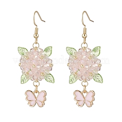 304 ステンレススチールの花と蝶のダングルイヤリング  ガラスシードビーズ、合金エナメルチャーム、ガラスビーズ、アクリルチャーム付き  ゴールドカラー  ラベンダーブラッシュ  53.5x20.5mm&nbsp;EJEW-MZ00455-01