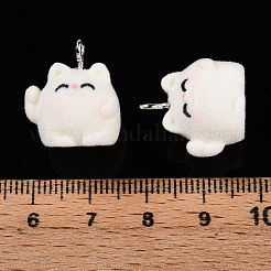 フロッキー樹脂ペンダント  プラチナの鉄の輪を持つ猫  ホワイトスモーク  18~19x16.5x15.5mm  穴：2mm&nbsp;FIND-S001-12A