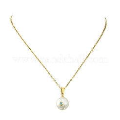 Brass Pave Cubic Zirconia and Natural Keshi Pearl Coin Pendant 304 Stainless Steel Cable Chain Necklaces for Women&nbsp;NJEW-JN06120