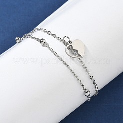 304ステンレススチールハートチャームチェーンブレスレット  女性用マルチ連売りブレスレット  ステンレス鋼色  6-3/4インチ（17cm）  ペンダント：10x9.5x1mm&nbsp;BJEW-M097-01A-P