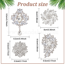 4スタイルのラインストーンフラワーブローチピン4個  バックパック服用の銀合金バッジ  クリスタル  52~95x8~19mm  1個/スタイル&nbsp;JEWB-AN0001-04