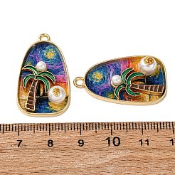印刷された合金エナメルペンダント  楕円形とココナッツの木の形のチャーム  ABSイミテーションパールとグリッターパウダー付き  ラックめっき  ライトゴールド  カラフル  31x18x6.5mm  穴：2mm&nbsp;ENAM-B028-14KCG