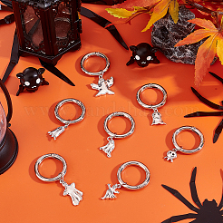 ハロウィンテーマ合金靴チャーム14個  合金スプリングゲートリング付き  ゴースト  プラチナ  43~59mm  14個/セット&nbsp;HJEW-GO00044
