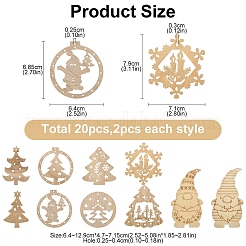 20個 10スタイル クリスマステーマ 未染色木製ビッグペンダント  混合図形  28~129x47~71x2~3mm  穴：3~4mm  2個/スタイル&nbsp;WOOD-YW0001-25