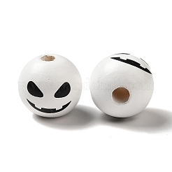 プリントラウンドウッドヨーロピアンビーズ  ハロウィンテーマの大穴ビーズ  モンスターの顔  ホワイト  16mm  穴：4mm&nbsp;X1-WOOD-M006-02