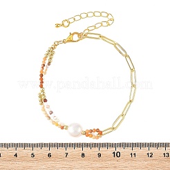 ファセットカットされた天然ミックスジェムストーンビーズと真鍮のペーパークリップチェーンブレスレット（天然パール付き）女性用  ゴールドカラー  ミックスカラー  7.28インチ（18.5cm）&nbsp;BJEW-JB14324