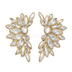 女性用304ステンレススチールガラススタッドピアス  18KGP本金メッキ  葉  透明  68.5x38.5mm&nbsp;EJEW-M095-10G-01