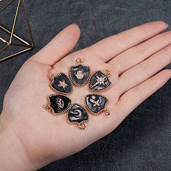6pcs6スタイル本物の18k金メッキ真鍮マイクロパヴェクリアキュービックジルコニアエナメルペンダント  長持ちメッキ  丸カン付き  シールド  ブラック  1個/スタイル&nbsp;ZIRC-SZ0001-36B