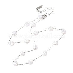 304 Stainless Steel with ABS Plastic Pearl Flat Round Bead Cable Chain Necklaces for Women&nbsp;NJEW-G190-03P