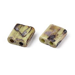 2穴ベーキングペイントガラスシードビーズ  正方形  ダークカーキ  5x5x2mm  穴：0.7~1mm  約455個/50g&nbsp;SEED-N009-03G