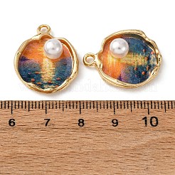 プリント合金ペンダント  フラットラウンド＆サンセットチャーム  ABSの模造パールと  ラックめっき  カラフル  23x19.5x6.5mm  穴：2.2mm&nbsp;ENAM-B028-25KCG