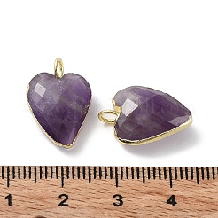 天然石アメジストペンダント  多面カットハートチャーム  金メッキ真鍮エッジループ付き  18x12x6mm  穴：2.5~3mm&nbsp;G-G012-11G-08