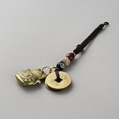 Brass Lucky Cat & Coins Five Emperor Money Feng Shui Coins Pendant&nbsp;AJEW-WH0651-54