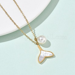 304 Stainless Steel with Natural White Shell Whale Tail Pendant Necklaces with ABS Plastic Pearl Round Beads&nbsp;NJEW-C114-01G