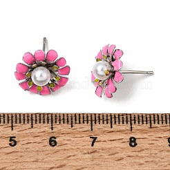 真鍮エナメルスタッドピアス  花  abs樹脂ビーズ  鉛フリー＆カドミウムフリー  ラックめっき  長持ちメッキ  18KGP本金メッキ  クリムゾン  13.5~14mm&nbsp;KK-CBA8324-27P-03