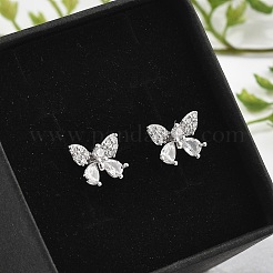真鍮マイクロペーブクリアキュービックジルコニアスタッドピアス  鉛フリー＆カドミウムフリー  長持ちメッキ  ラックめっき  蝶  プラチナ  8x11mm&nbsp;EJEW-R016-02P