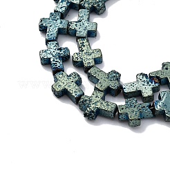 電気メッキされた天然溶岩岩ビーズ連売り  クロス  メッキグリーン  10x8x4~4.5mm  穴：0.8~1mm  約38個/連  31.10''（79センチメートル）&nbsp;G-A256-A01-01E