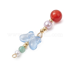 天然カーネリアンとガラスのペンダント  蝶  金色の真鍮トーンループ付き  ライトブルー  47x14.5x8mm  穴：1.6mm&nbsp;PALLOY-JF03192-07
