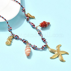 Summer Beach 304 Stainless Steel & Electroplated Natural Shell Pendant Adjustable Polyester Cord Necklaces for Women&nbsp;NJEW-F348-01C-G