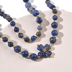 Saint Patrick's Day Natural Sodalite Clover Pendant Round Beaded Necklaces with Brall Heart OT Clasps&nbsp;NJEW-G202-02G-05
