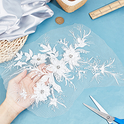 ポリエステル刺繍 3D 花のアップリケを縫います。  プラスチックラインストーン付き  ウェディングドレスの縫製工芸品の装飾  チョンサム  ホワイト  400x345x0.1~7mm&nbsp;DIY-WH0304-717