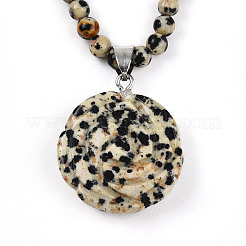 Natural Dalmatian Jasper 4.5mm Round Beaded Flower Pendant Necklaces&nbsp;NJEW-T016-04H