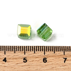 電気メッキガラスビーズ  キューブ  多面カット  半分メッキ  ライムグリーン  7x7x7mm  穴：1.6mm&nbsp;EGLA-G040-01A-AB05