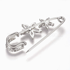 真鍮マイクロパヴェキュービックジルコニア安全ブローチ  花  透明  プラチナ  56x23mm  ピン：1.5mm&nbsp;JEWB-I010-05P