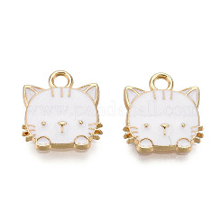 環境に優しい亜鉛合金ペンダント  エナメル  猫の形  カドミウムフリー＆ニッケルフリー＆鉛フリー  ゴールドカラー  ホワイト  15x13x3mm  穴：2mm&nbsp;X-ENAM-R051-01-03G-NR