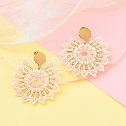 304ステンレススチールとボヘミアンビーズフラワーダングルスタッドピアス（女性用）  ゴールドカラー  雪  54x50x4.5mm  ピン：0.8mm&nbsp;EJEW-R001-04B