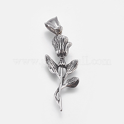 304ステンレスペンダント  ローズ  アンティークシルバー  39.5x15x7mm  穴：4.5x8mm&nbsp;STAS-F197-02AS