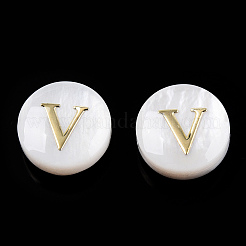 天然淡水シェルビーズ  金メッキ真鍮エッチング金属装飾付き  アルファベット付きフラットラウンド  V字  7.5~8x4~5mm  穴：0.8mm&nbsp;SHEL-N036-01V