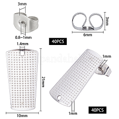 304ステンレススチールスタッドピアス金具とイヤーナット  テクスチャ  長方形  ステンレス鋼色  21x10x1mm  穴：1.4mm  ピン：1mm  80個/箱&nbsp;STAS-UN0013-34P